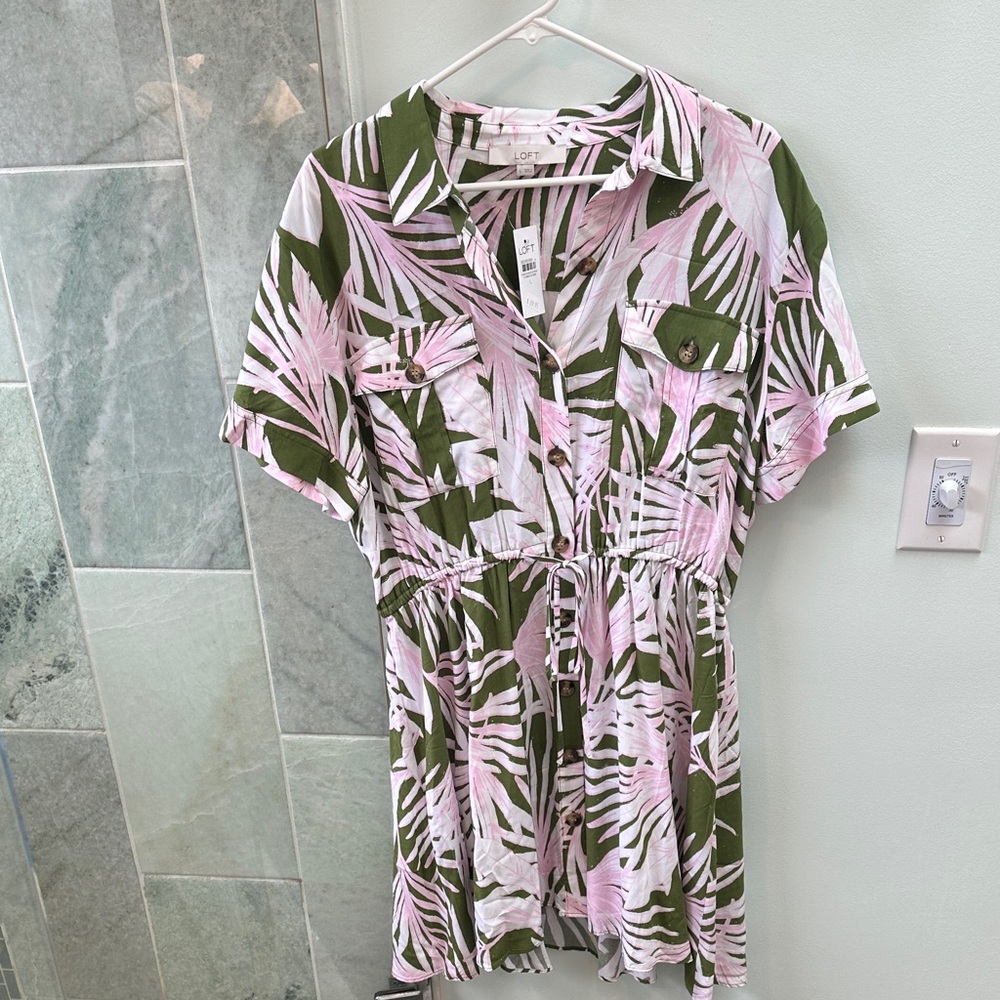 LOFT Pink and Green Tropical Button-Down Shirt